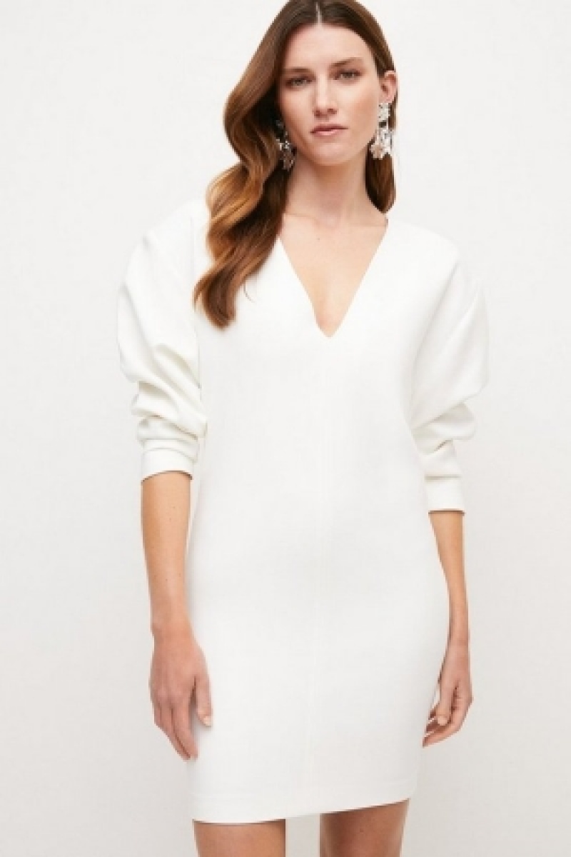 Buy Collection Karen Millen Dress - Compact Stretch Sleeved V Neck Pencil Mini  Dress Ivory